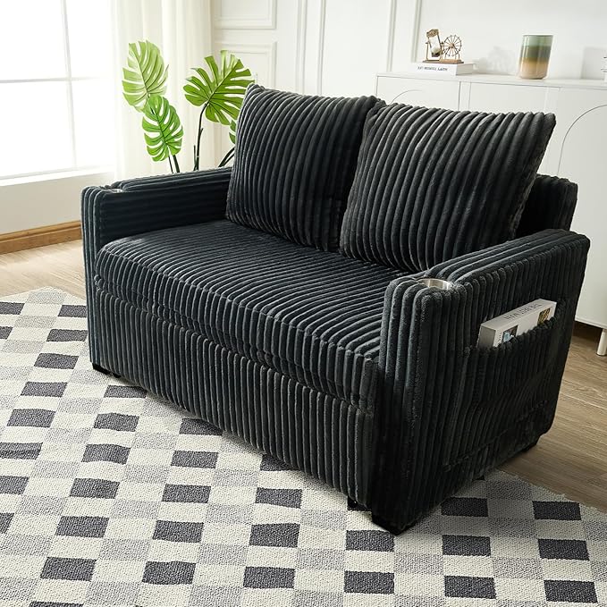 Antetek Pull Out Sofa Bed Futon Convertible Modern Corduroy Loveseat Chaise Lounge Sofa Couch with USB Charging Ports &amp Cup Holders for Guest Room Living Room Bedroom Adjustable Backrest Grey