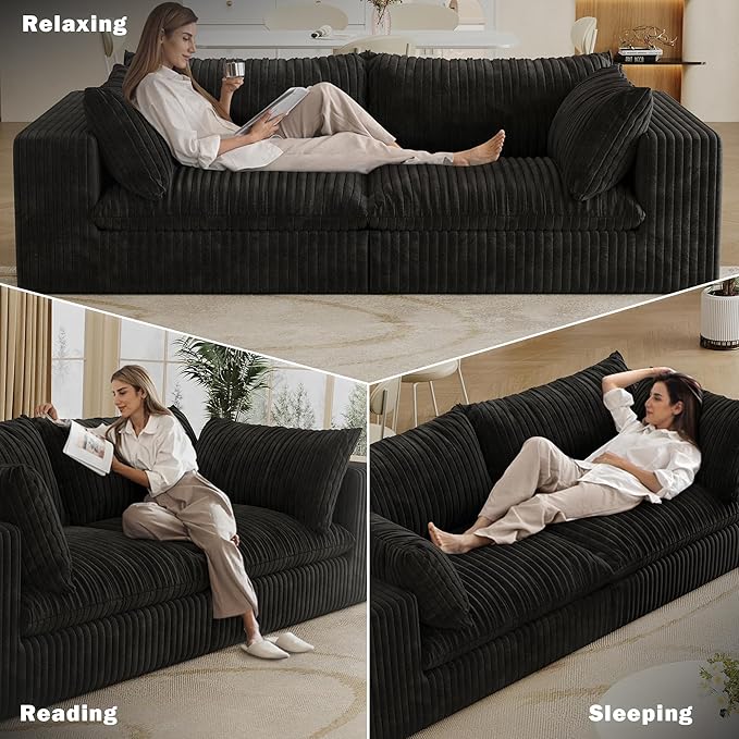 78.8 Modular Cloud Loveseat Couch Corduroy Boneless Couch with Foam &amp Removable Cushion Modern Lounge Sofa in a Box No Assembly Required Upholstered Sofa for Living Room (Black)