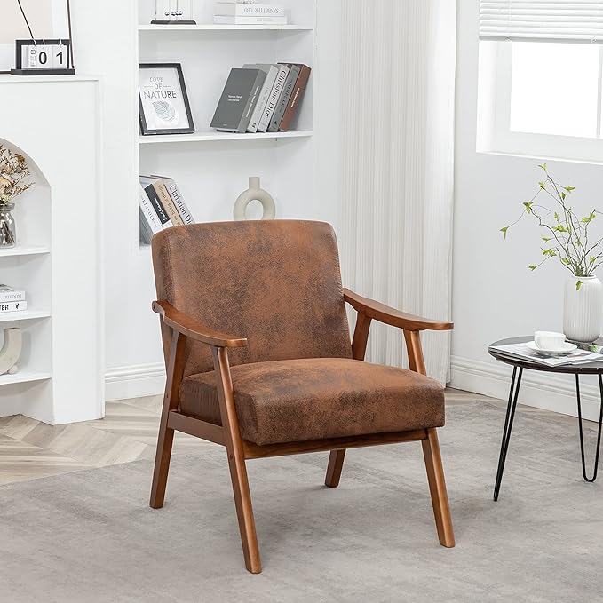 Accent Chair Mid Century Modern Chairs for Living Room Upholstered Comfy Armchair Bedroom Side Arm Chair with Rubber Wood Comfort Cushion and Wide Sitting