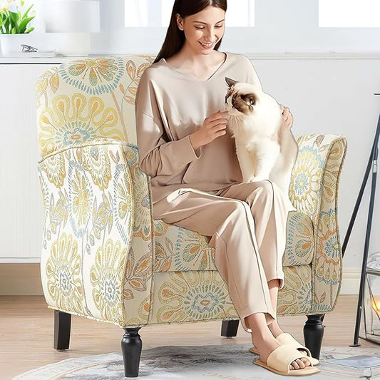 Floral Accent Chairs &amp Arm Chair for Living Room Fabic Side Chairs for Bedroom with High Back &amp Wood Legs