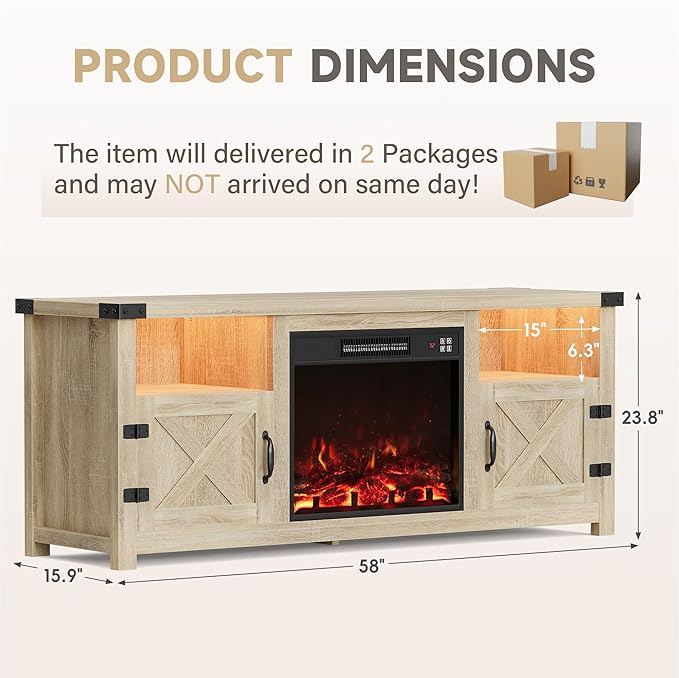 Furmax LED Entertainment Center with Fireplace Fireplace TV Stand with Storage Cabinets and 2 Open Shelves Modern Media TV Console for Living Room (Light Oak)