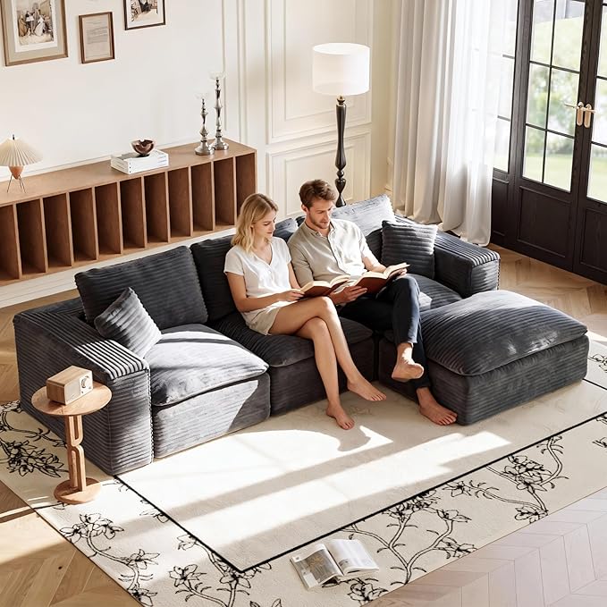 108'' Modular Sectional Sofa with Ottoman Corduroy Cloud Sectional Couches for Living Room High-Back Modern L Shaped Boneless Couch Deep Seat 3 Seater Sofa No Assembly Required Grey