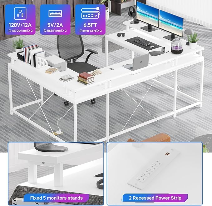 Jojoka U Shaped Desk 79 Inch Large Corner Office Desk with Monitor Stands Reversible L Shaped Computer Gaming Desk with Power Outlets &amp LED LightsU Shaped Gaming Desk (White)