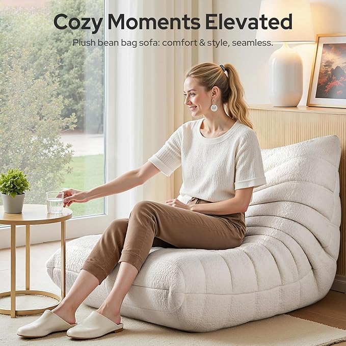 High-end Togo Bean Bag Chair Fireside Chair with Pure White Jacquard Fabric Cover Comfy &amp Soft Lazy Floor Lounge Sofa for Bedroom Living Room Office or Salon