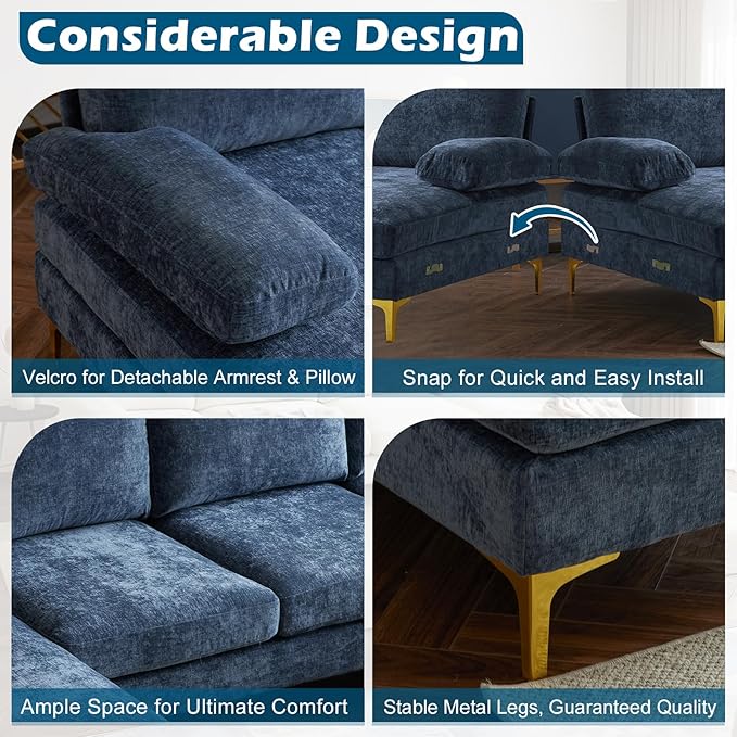 VINGLI 110 Large U-Shape Sectional Sofa Couch with 51 D Double Chaise for Living Room Modern Sectional Couch Set with Soft 5.9 Thickness Seating Padding Chenille FabricMetal Gold Legs(Blue)