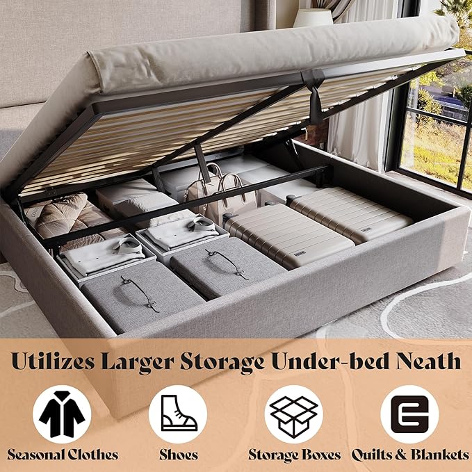 AMERLIFE Lift Up Storage Bed Queen Size Linen Upholstered Platform Bed Frame Hydraulic StorageModern Wingback Headboard No Box Spring Needed Light Grey
