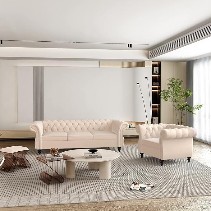 Living Room Chair Modern Velvet Chesterfield Sofa Chair Mid Century Single Sofa Couch Chair with Tufted Back and Rolled Arms Accent Sofa Chair for Living Room Apartment Beige