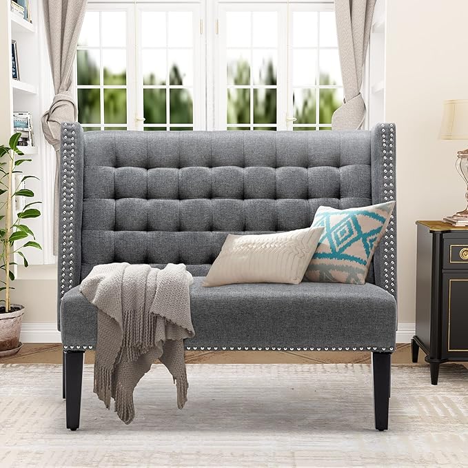Tongli 46 Small Modern Loveseat Settee Sofa 2-Seat Sofa Couch Tufted Love Seat Dining Bench with Nail Head Trim Back Banquette Sofas for Living Room Small Space Entryway Hallway Slate