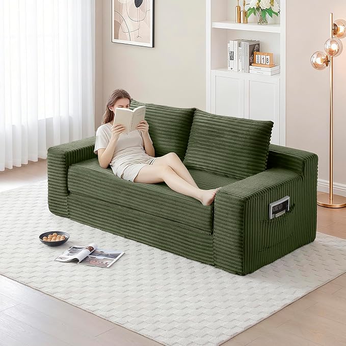 73 Memory Foam Cloud Loveseat Sofa 2 in 1 Convertible Folding Couch Bed Compressed Corduroy Floor Lounge Sofa No Assembly for Apartment Office Bedroom Living Room (Green)