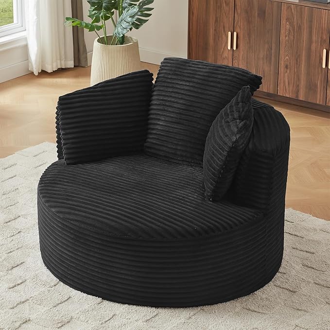 Round Chair Lounge Chaise Indoor 48.8 Oversized Sofa Chair Upholstered Corduroy Deep Seat Sleeper Sofa Bed No Assembly Required for Living Room Bedroom Apartment Black