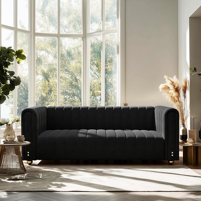 81 W Tufted Velvet CouchModern Velvet Sofa with Round Handrails and Metal Legs for Living Room Office Apartment (1 Black)