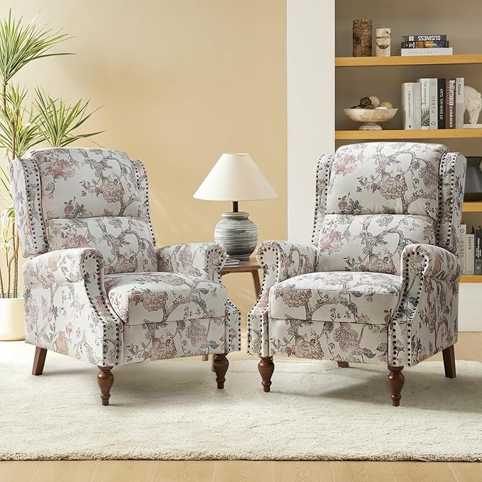 Pushback Recliner Chair Upholstered Floral Fabric Wingback Chair Single Sofa Accent Chair with Wood Legs and Rivet Decoration for Living Room Bedroom Navy Floral