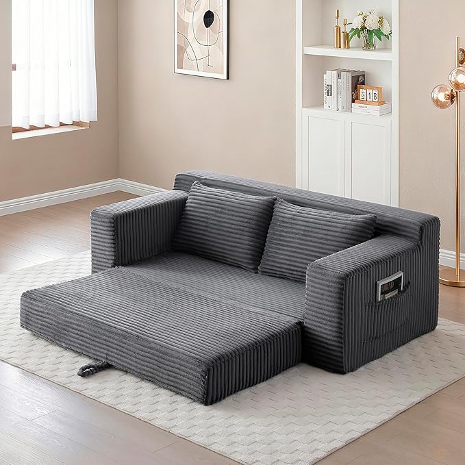 73 Memory Foam Cloud Loveseat Sofa 2 in 1 Convertible Folding Couch Bed Compressed Corduroy Floor Lounge Sofa No Assembly for Apartment Office Bedroom Living Room (Grey)