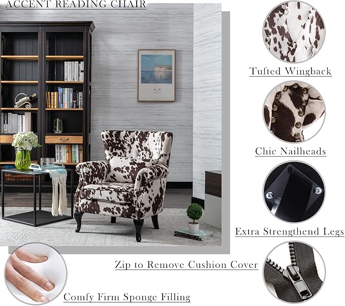 Mid Century Modern Accent Chair Upholstered Armchair Comfy Cowhide-Print Fabric Single Sofa with Tufted Wingback for Small Spaces Bedroom Living Room Cow