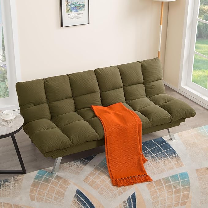 67” Convertible Futon Couch Bed Adjustable Pillow Top Arm Memory Foam Cloud Futons Loveseat Modern Light Gray Corduroy Mini Small Sofa Couches for Living Room