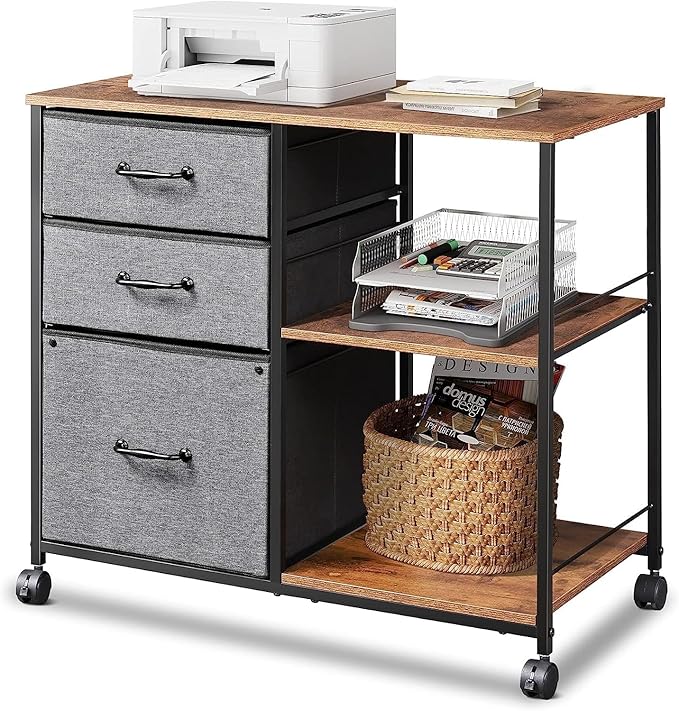 DEVAISE 3 Drawer Mobile File Cabinet Rolling Printer Stand with Open Storage Shelf Fabric Lateral Filing Cabinet fits A4 or Letter Size for Home Office Rustic Brown