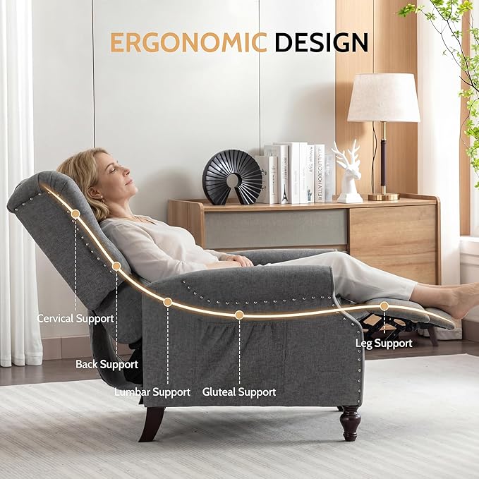 BINGTOO Push Back Recliner Chair with Massage and Heat Mid Century Tufted Fabric Wingback Chair with Rivet Decoration for Living Room Bedroom Gray 1 Chair