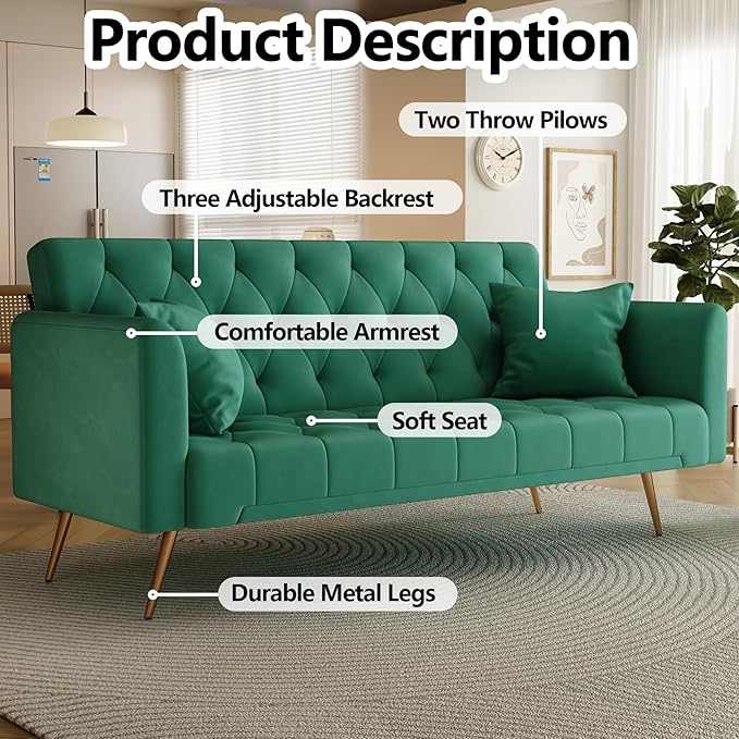 71 Convertible Folding Sleeper Sofa CouchModern Velvet Loveseat Sleeper with 2 Pillows Futon Sofa Bed with Mattress and Frame for Living RoomBedroomSmall Space (Green)
