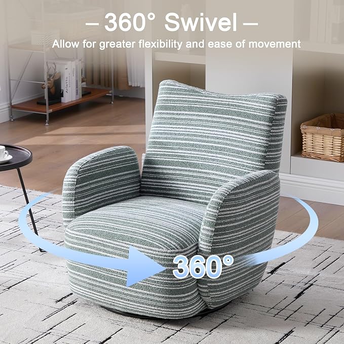 360° Swivel Accent Chair with Armrest Modern Striped Upholstered Lounge Chair Stable Round Base &amp Sturdy Metal Frame Armchair for Bedroom Living Room Office &amp Vanity (Mint Green)