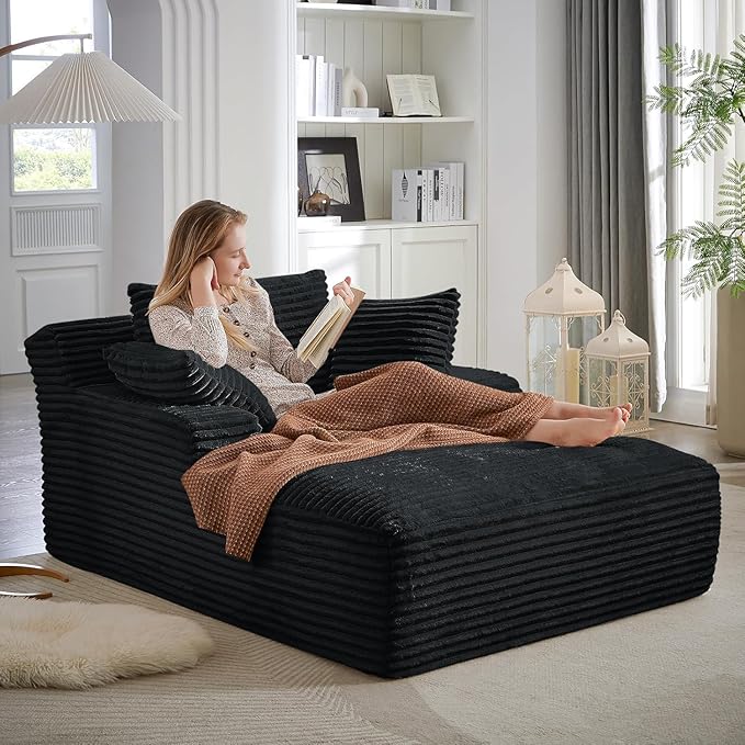67 Inch Oversized Chaise Lounge Chair IndoorBoneless Corduroy Sofa Bed with Spring CushionDeep Seat Cloud Couch and Reading LoungerSoft Sleeper Sofa for Living RoomNo Assembly Required (Black)