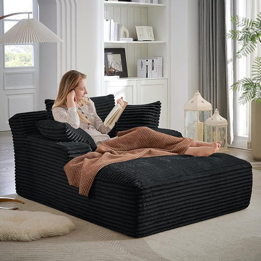 67 Inch Oversized Chaise Lounge Chair IndoorBoneless Corduroy Sofa Bed with Spring CushionDeep Seat Cloud Couch and Reading LoungerSoft Sleeper Sofa for Living RoomNo Assembly Required (Black)