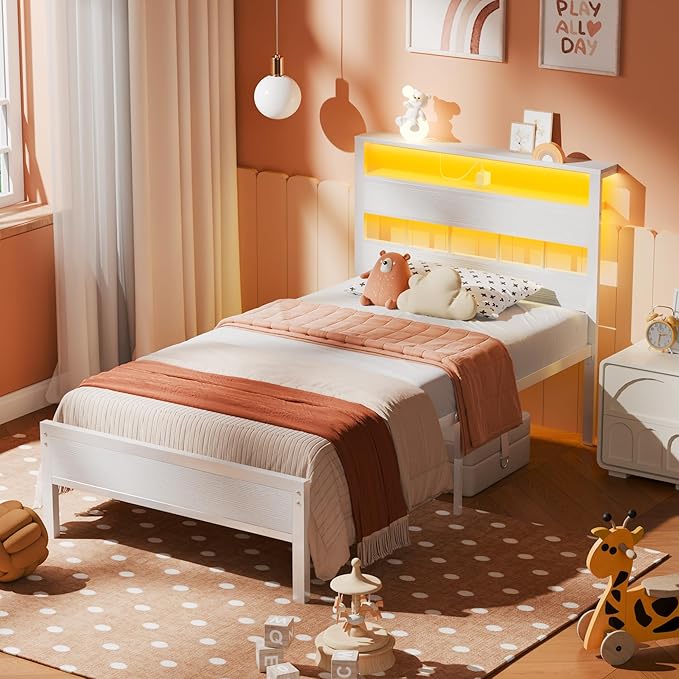 Furnulem Twin Bed Frames with Charging Station and LED Lights Twin Size Platform Bed with Metal Slats Wood Headboard with 2-Tier Storage Shelves No Box Spring Needed White