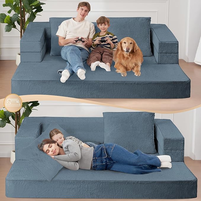 Futon Sofa Bed with Pillow 3-in-1 Sleeper Sofa Bed with Removable Cover Convertible Floor Sofa Bed No Assembly Boneless Couch for Living Room Bedroom
