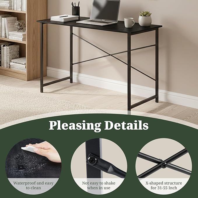 Computer Desk 40 Inch Simple Home Office Desk Study Writing Table Sturdy Metal Frame Scratch-Resistant MDF Desktop for Bedroom Dorm Workspace Small Space Black
