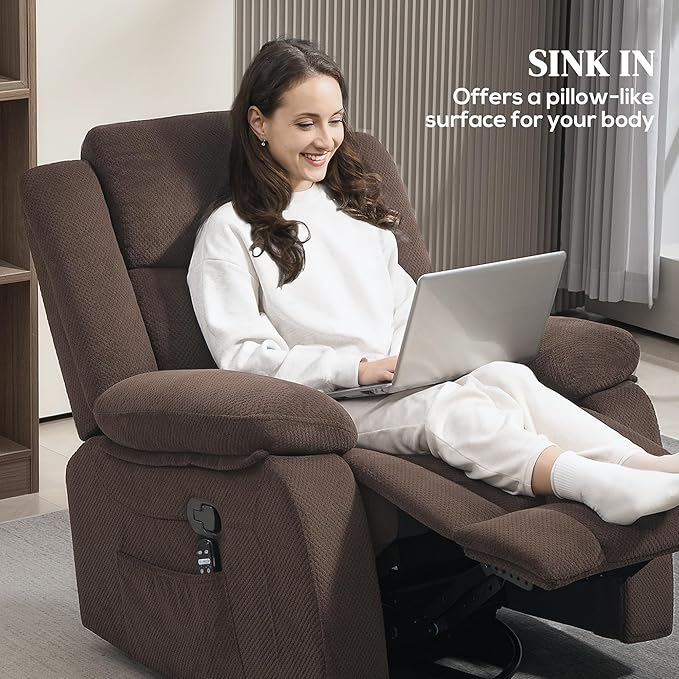 HOMCOM Swivel Rocker Recliner Chair with Vibration Massage and Heat Oversized Velvet Manual Glider Recliner Rocking Chair with Footrest Remote Side Pockets for Living Room Brown