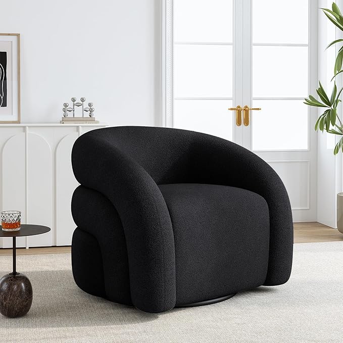 Boucle Swivel Accent Chair No Assembly Small Comfy Round Barrel Armchair for Living Room Bedroom Reading Waiting Room (Black Set of 2)
