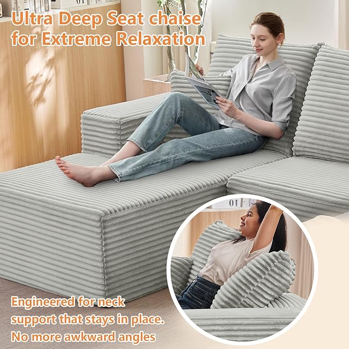 96 Modular Sectional Sofa Modern Corduroy Cloud Couch with Deep Seat Boneless Couch Upholstered 3-Seater L-Shaped Sofa for Living Room No Assembly Required (Light Gray Left-Facing Chaise)