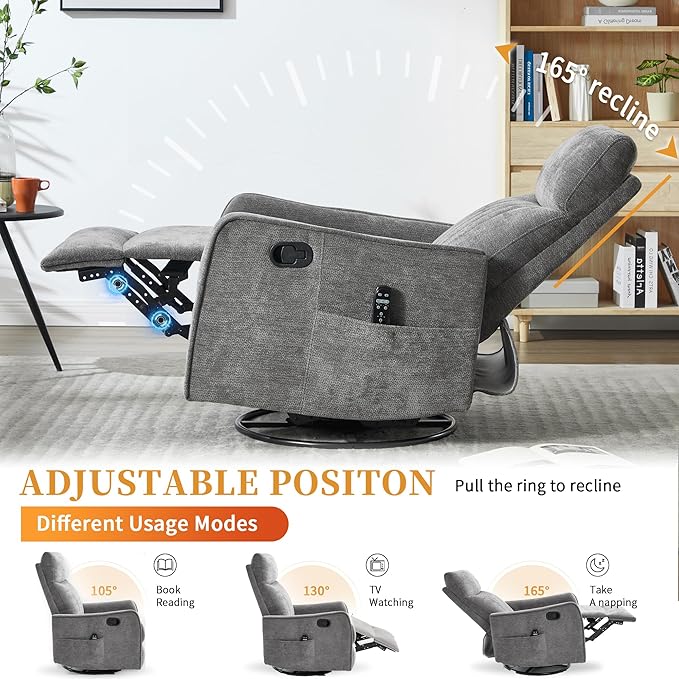 Small Swivel Rocker Recliner Chair for Nursery Heat &amp Massage Manual Upholstered 360° Fabric Glider Chair Small Recliners for Small Spaces Living Room (Dark Grey)