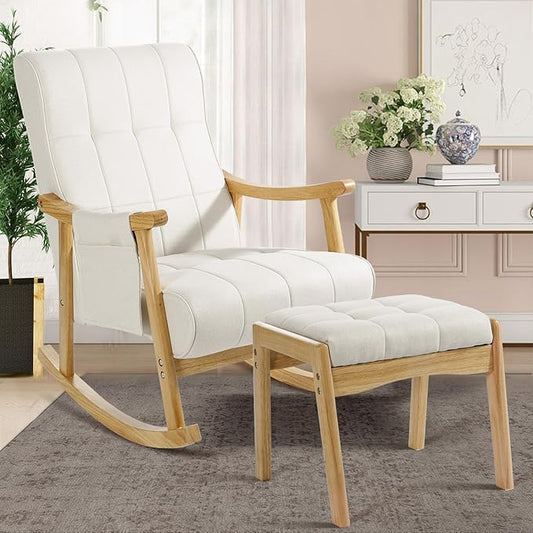 NOBLEMOOD Upholstered Rocking Chair with Ottoman Modern Indoor Nursery Glider Rocker Chair Solid Wood High Back Armchair with Fabric Padded Seat for Living Room Bedroom