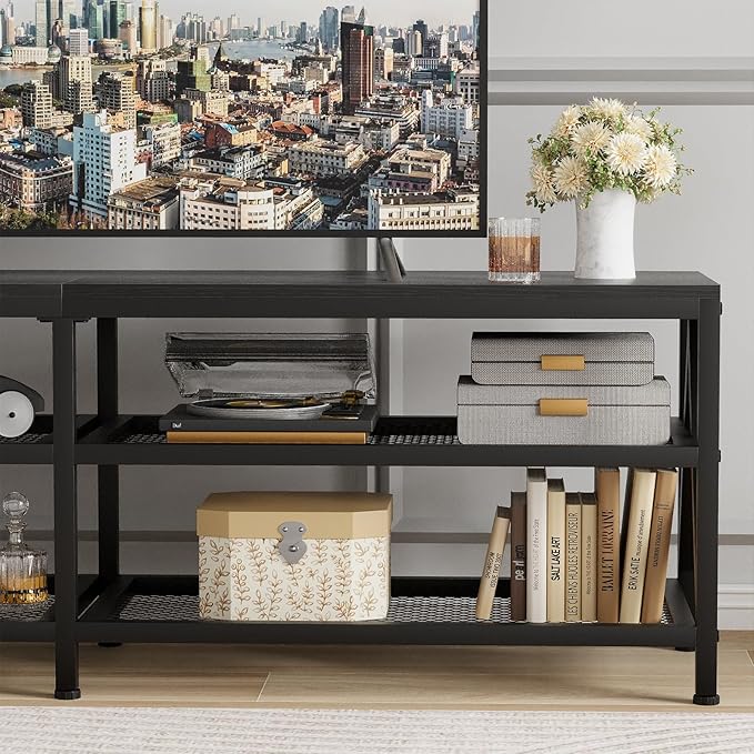 TV Stand for TVs up to 70 Inch 63 Long Industrial TV Console Table with 3-Tier Storage Shelves Entertainment Center for Living Room Bedroom (Black)