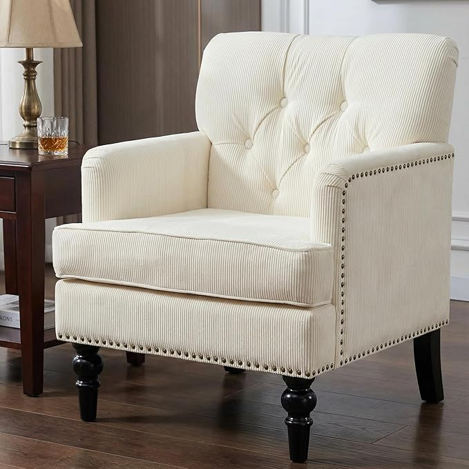 Tufted Club Chair Accent Chair Upholstered Button Armchair with Lumbar Pillow Linen Fabric Sofa Chairs for Bedroom Living Room Mid Century Modern Reading Chair with Studded Beige