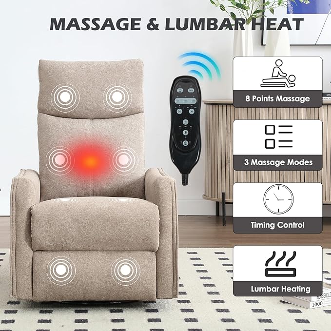 Swivel Rocker Recliner Chair 360° Swivel Recliner with Heat and Massage Rocker Recliner Nursery Glider Chair with Side Pockets for Living Room (Khaki Fabric)