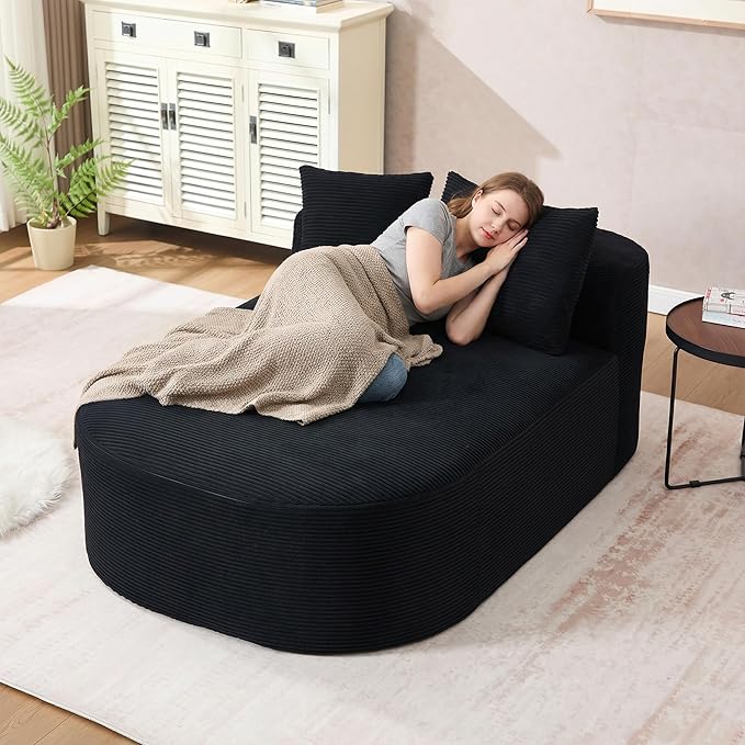 46 Chaise Lounge Chair Indoor Cloud Sleeper Sofa Bed with Pillows Corduroy Upholstered Sofa Couch for Living Room Apart No Assembly Required Black