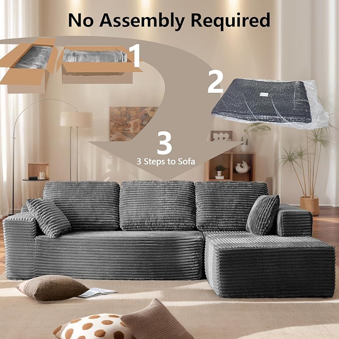 104” Boneless Couches for Living Room Modular Cloud Sectional Sofa with Chaise Deep Seat Upholstered No Assembly Required(Grey L Shape with Left FacingChaise)