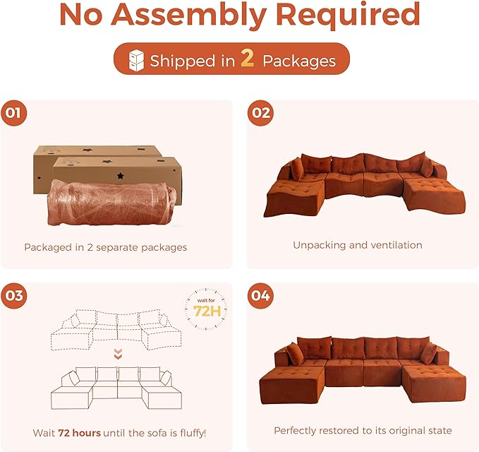 MAXYOYO 129.5 Modular Sectional Sofa Couch U Shaped Modern Cloud Couch with 2 Ottomans Sofa in A Box Tufted 6-Seat Boneless Sleeper Chair for Living Room No Assembly Required Orange