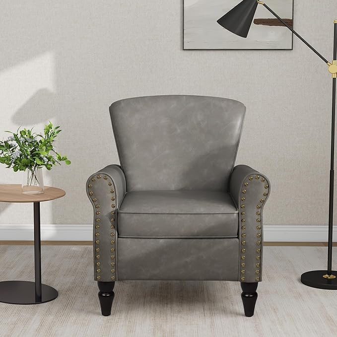 Accent Chair Mid Century Modern Faux Leather Arm Chair with Wood Leg for Living Room Bedroom Comfy PU Leather Club Reading Chairs with Wingback &amp Nailhead Trim (Leather Grey Set of 2)
