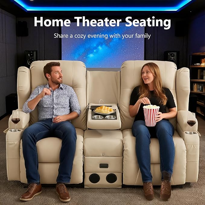 URRED Manual Loveseat Recliner Sofa with Console Rocker Recliner Couch with Bluetooth Speakers USB Ports &amp AC Outlets Cup Holders and Side Pocket for Living Room &amp Home Theater (Leathaire B