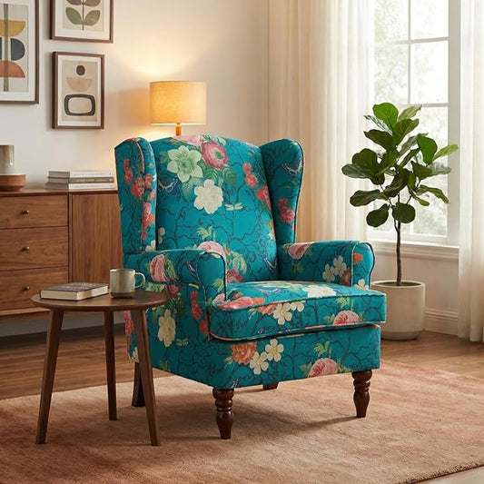 Mid Century Wingback Accent ChairModern Linen Fabric Upholstered Armchair with Retro Wooden LegsFloral Pattern Single Sofa ChairComfy Reading Chair for Living Room Bedroom Office (Floral Cyan)