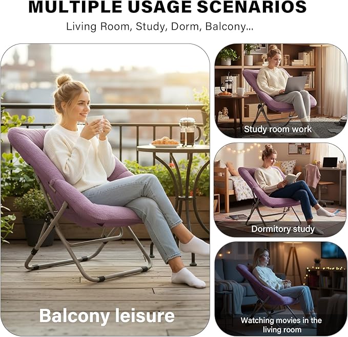 Tiita Comfy Folded Chair Soft Faux Fur Oversized Folding Accent Chair Lazy Chair for Teens Adults Metal Frame Moon Chair for Bedroom Living Room Dorm Rooms