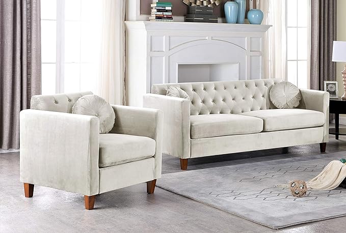 Persaud Living Room Chair with Classic Chesterfield Velvet Upholstery Ideal for Home Apartment and Office Chair Biscuit