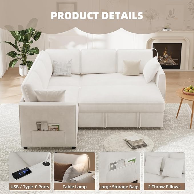 EROMMY 87 Sectional Sofa Couch with Pull Out Bed 5 Seat L Shaped Pull Out Couch Bed with USB Ports Velvet Modular Sleeper Sofa Bed with 2 Throw Pillows Large Sectional Couches for Living Room