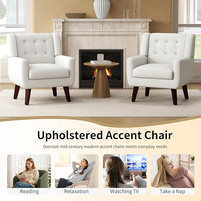 Accent Chairs Mid-Century Modern Upholstered Living Room Armchair Comfy Oversized Linen Fabric Single Reading Arm Chair with Tufted Back and Wood Legs for Bedroom Club (1 Beige)