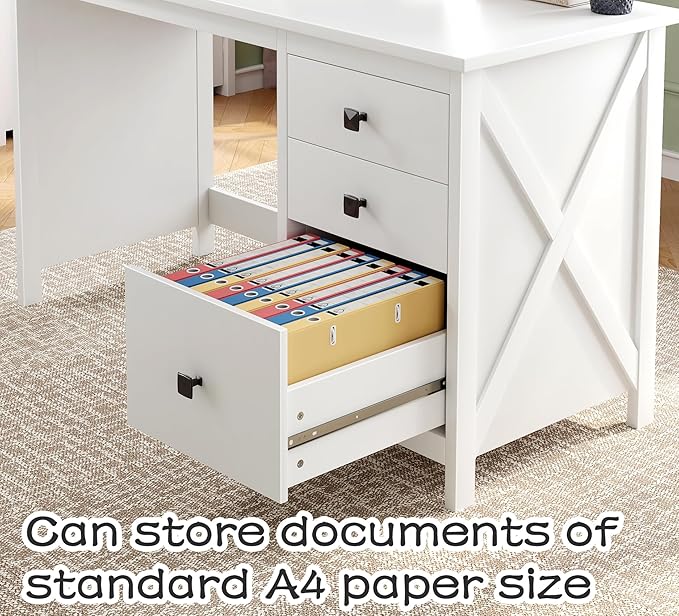 JSB 47.2'' White Computer Desk for Home OfficeFarmhouse Executive Desk with 3 File DrawersStudy Writing Table Storage CabinetMakeup Vanity Desk for Bedroom (White 47.2in)