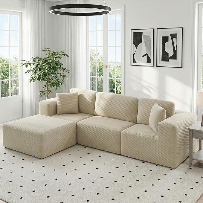 106 Boneless Sectional Couch with High-Density Foam Modern Frameless Floor Couch with Ottoman 3 Seater Cloud Modular Sofa with Chaise for Livingroom Cream Beige