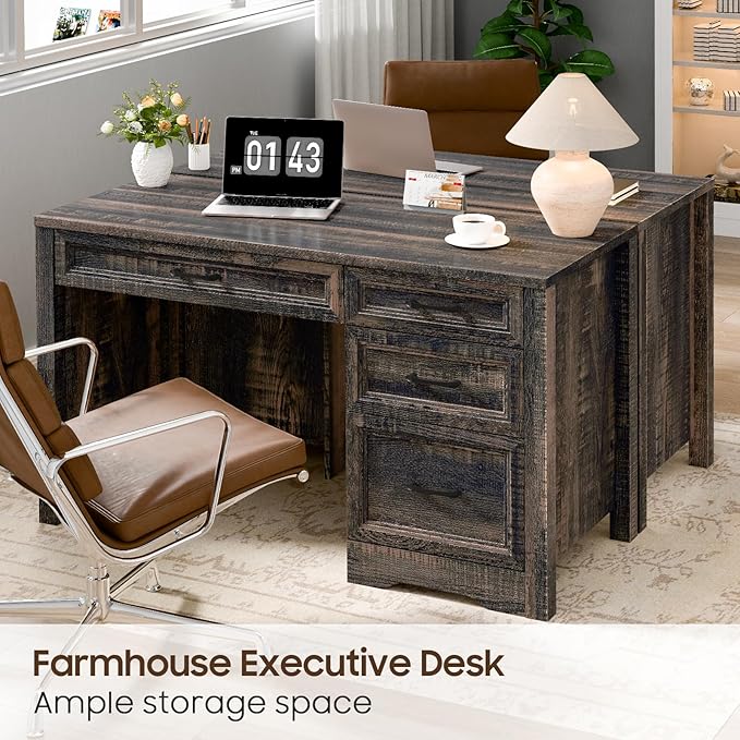 Vabches Farmhouse Executive Desk with Storage and Ample File Drawer Rustic Large Home Writing Desk for Bedroom Dark Oak