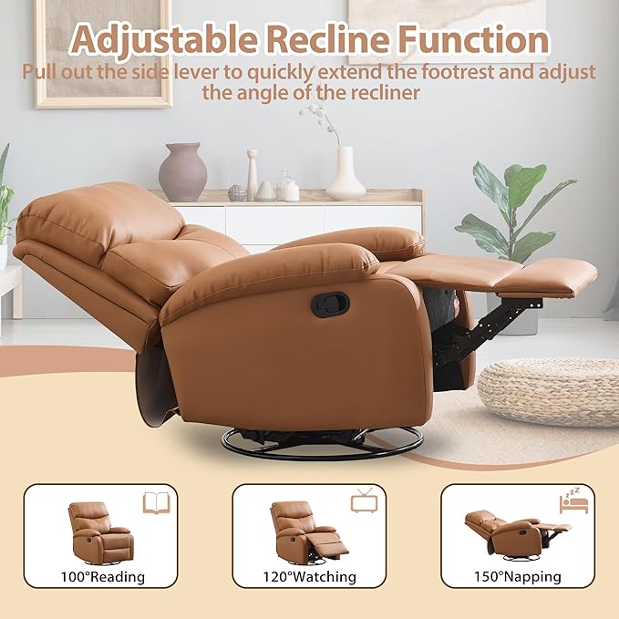 Genuine Leather Rocker Recliner Modern Manual Swivel Glider Recliner with Adjustable Backrest &amp Footrest Wall Hugger Swivel Rocking Recliner Chair for Modern Living Room and RV Warm Brown